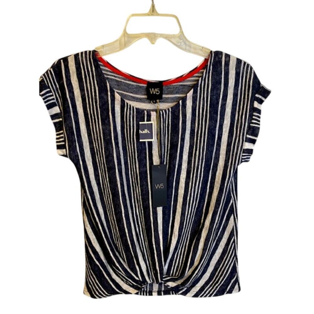 W5 Concepts Anthropologie Navy/Off White‎ Striped Front Knotted Cap Sleeve Tee